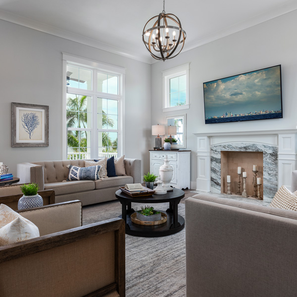 Living Room At The Courageous at Redfish Cove By Custom Home Builder Camlin Custom Homes